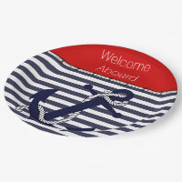 Welcome Aboard Nautical Anchor Chic Stripe Pattern Paper Plate