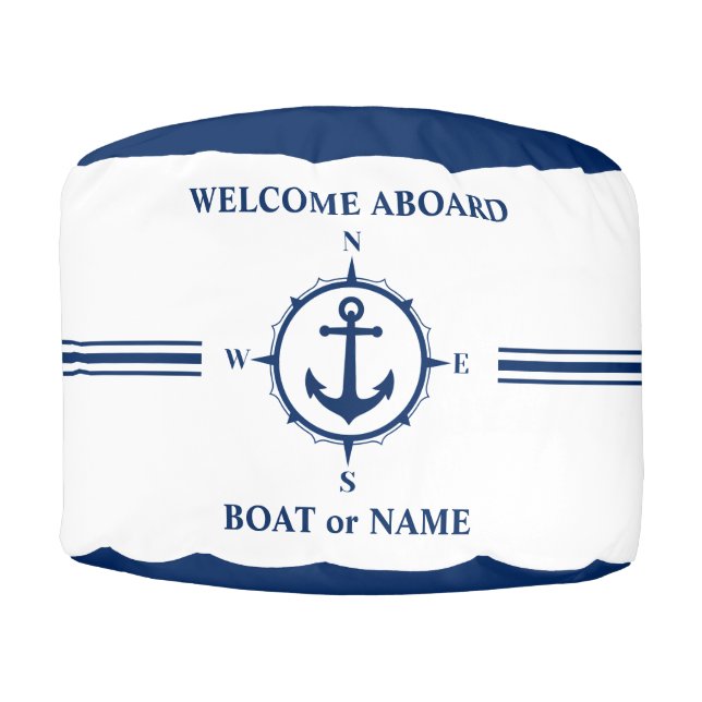 Welcome Aboard Nautical Anchor Compass Boat Name Pouf (Front)