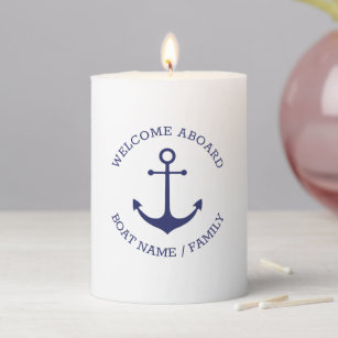 Welcome Aboard nautical anchor custom boat name  Pillar Candle