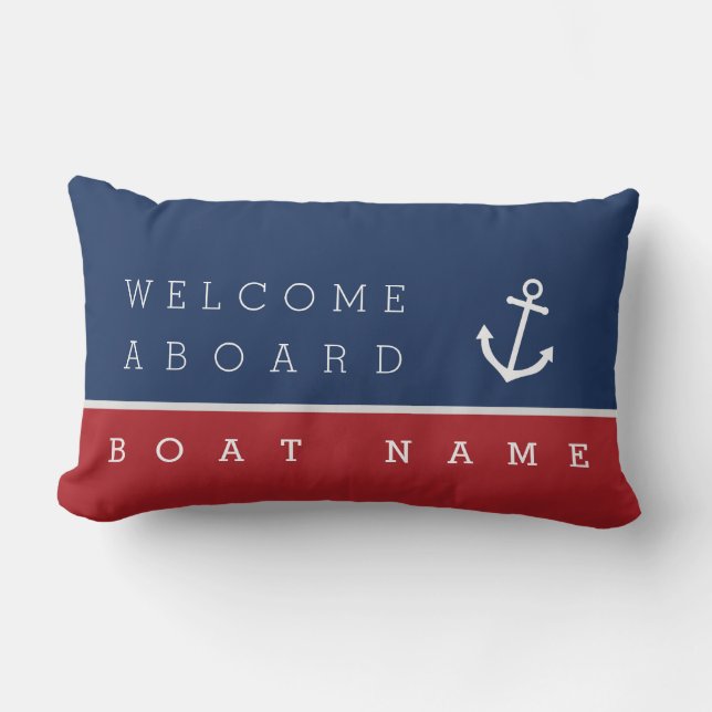 Welcome aboard nautical anchor pillow w/ boat name (Front)