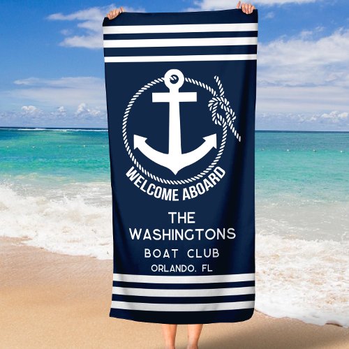 Welcome Aboard Nautical Anchor Rope Boat Name Beach Towel