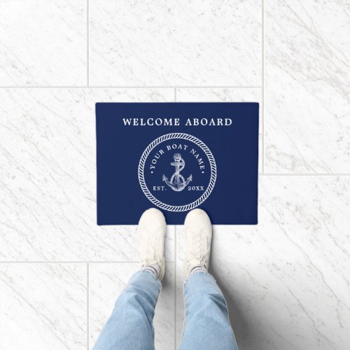 Welcome Aboard Nautical Anchor  Rope Boat Name Doormat