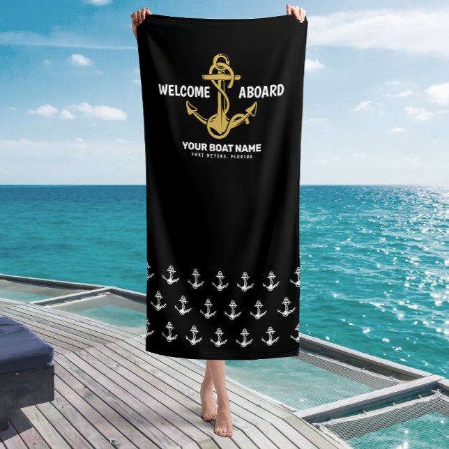 Welcome Aboard Nautical Black & Gold Boat Name Beach Towel (Creator Uploaded)