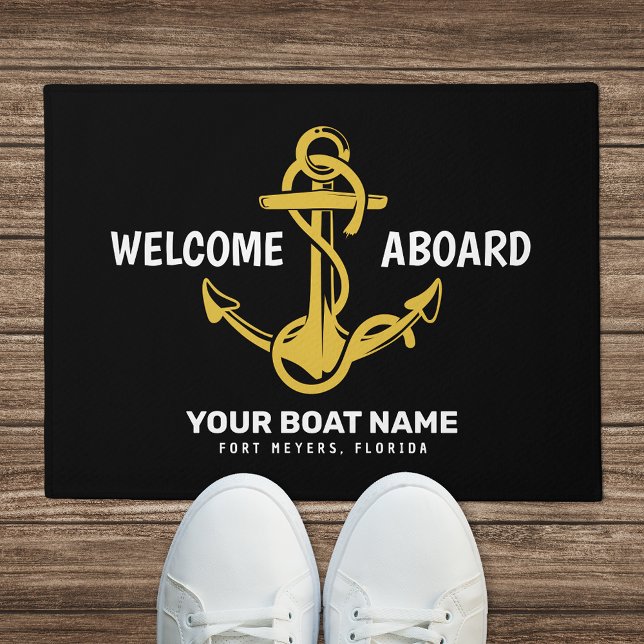 Welcome Aboard Nautical Black Gold Boat Name Doormat (Creator Uploaded)