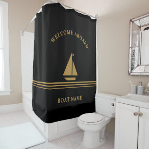 Welcome Aboard Nautical Black Gold Boat Name Text Shower Curtain
