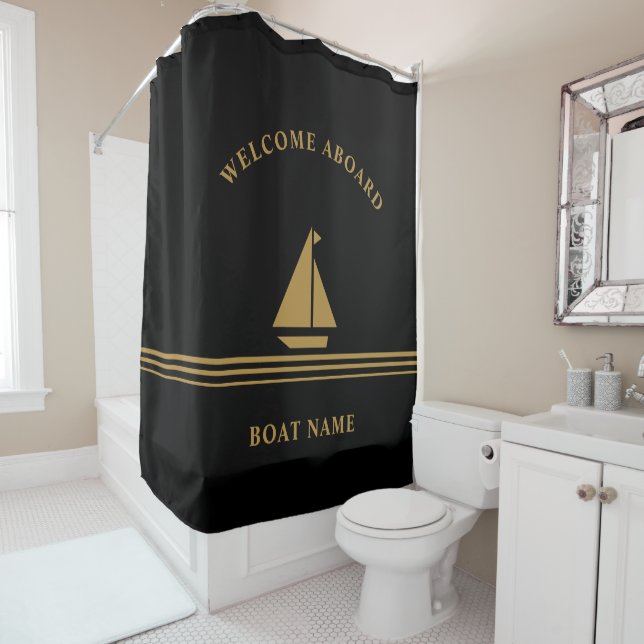 Welcome Aboard Nautical Black Gold Boat Name Text Shower Curtain (In Situ)