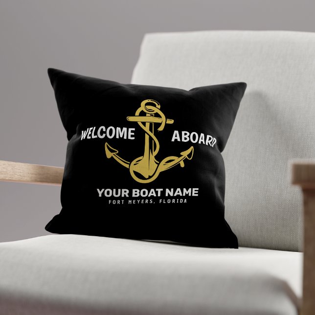 Welcome Aboard Nautical Black & Gold Boat Name Throw Pillow (Creator Uploaded)