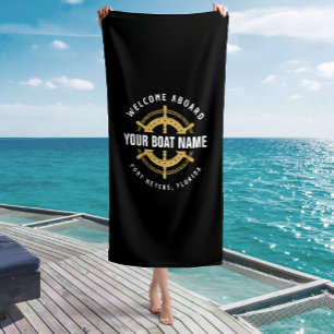 Welcome Aboard Nautical Boat Name Black & Gold Beach Towel