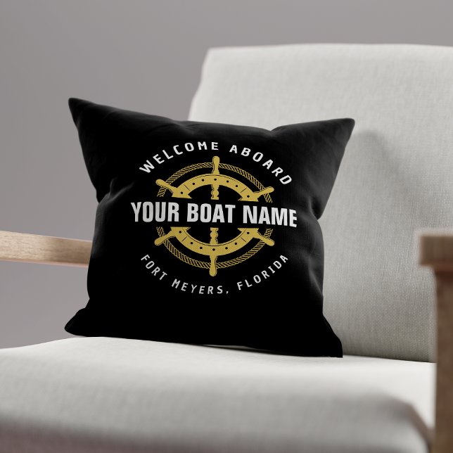 Welcome Aboard Nautical Boat Name Black & Gold Throw Pillow (Creator Uploaded)