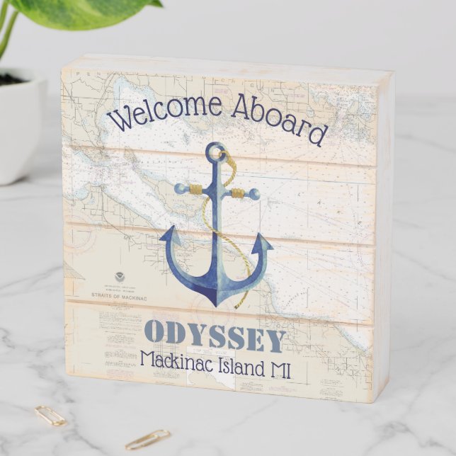 Welcome Aboard Nautical Boat Name Mackinac Island Wooden Box Sign (In Situ Horizontal)