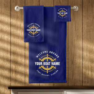 Welcome Aboard Nautical Boat Name Navy Blue & Gold Bath Towel Set