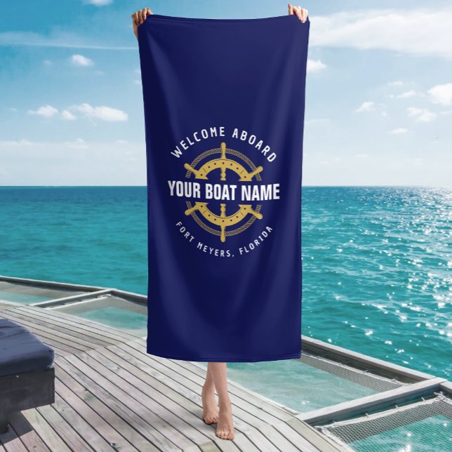 Welcome Aboard Nautical Boat Name Navy Blue & Gold Beach Towel (Creator Uploaded)