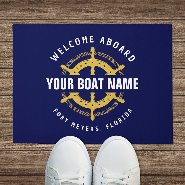 Welcome Aboard Nautical Boat Name Navy Blue Gold Doormat (Creator Uploaded)