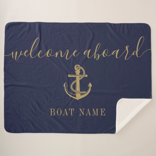 Welcome Aboard Nautical Boat Name Navy Blue Gold Sherpa Blanket