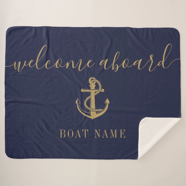 Welcome Aboard Nautical Boat Name Navy Blue Gold Sherpa Blanket (Front (Horizontal))