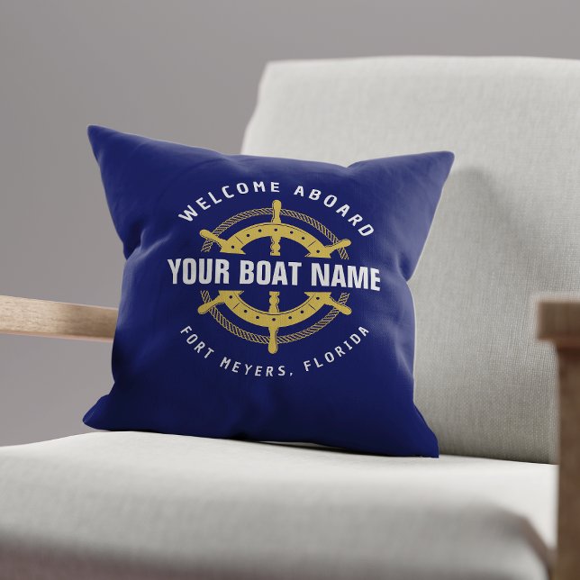 Welcome Aboard Nautical Boat Name Navy Blue Gold Throw Pillow (Creator Uploaded)