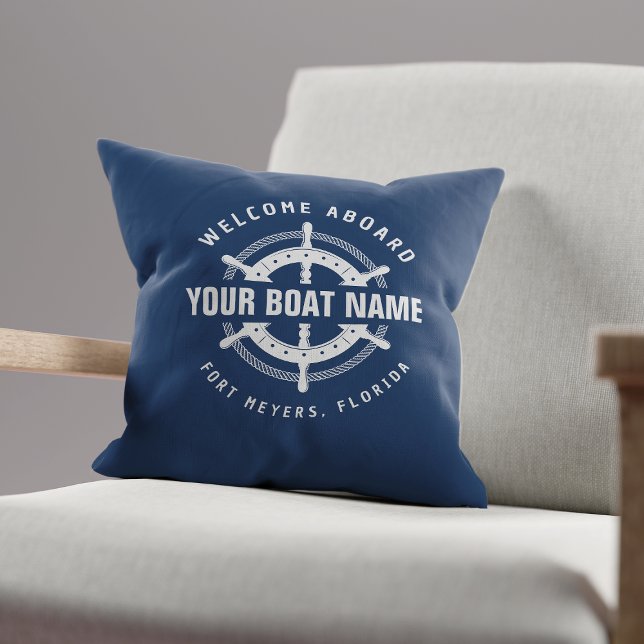 Welcome Aboard Nautical Boat Name Navy Blue Throw Pillow (Creator Uploaded)