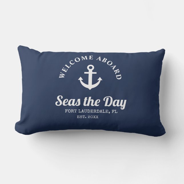 Welcome Aboard Nautical Boat Name Throw Pillow (Front)