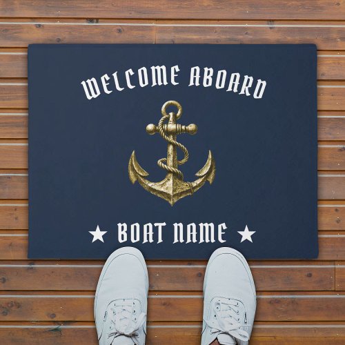 Welcome Aboard Nautical Gold Anchor Navy Blue Boat Doormat