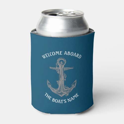 Welcome Aboard Nautical Greeting Anchor Blue Can Cooler
