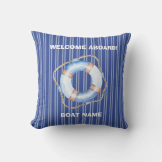 Welcome Aboard Nautical Life Raft On Blue Stripes Outdoor Pillow