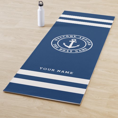 Welcome aboard nautical navy blue and white stripe yoga mat