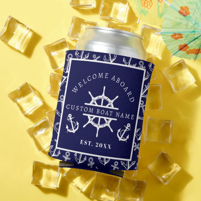 Welcome Aboard Nautical Navy Blue Boat anchor Can Cooler (In Situ Summer)