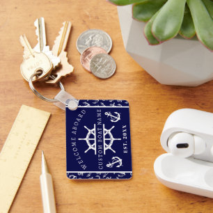 Welcome Aboard Nautical Navy Blue Boat anchor Keychain