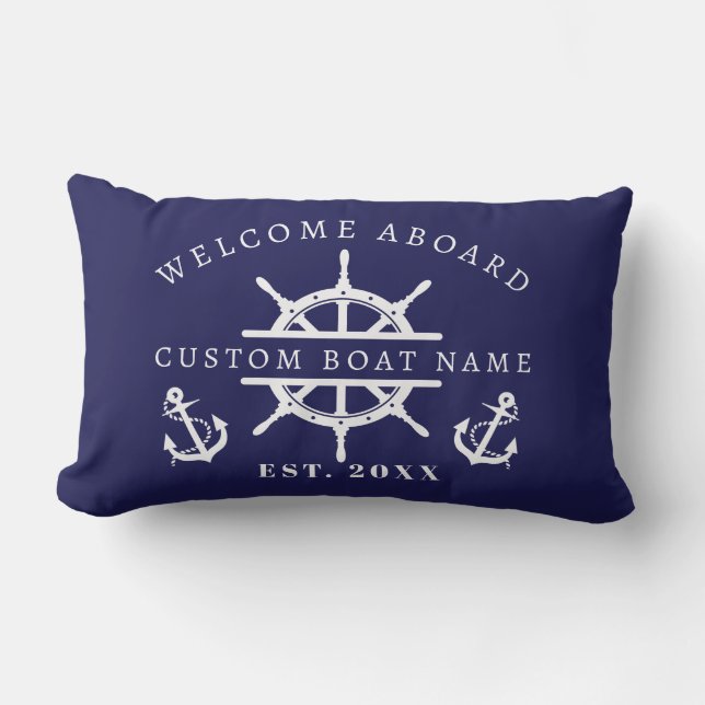 Welcome Aboard Nautical Navy Blue Boat anchor Lumbar Pillow (Front)