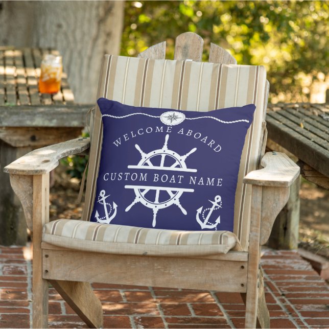 Welcome Aboard Nautical Navy Blue Boat anchor  Outdoor Pillow (Chair)