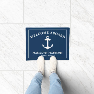 Welcome Aboard Nautical Navy Blue Boat Name Anchor Doormat