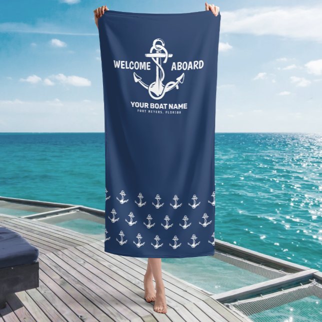 Welcome Aboard Nautical Navy Blue Boat Name Beach Towel (Creator Uploaded)