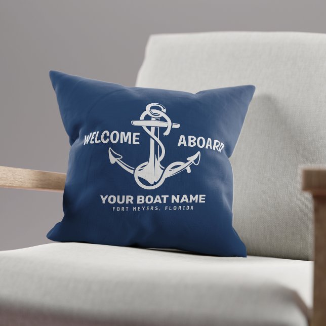 Welcome Aboard Nautical Navy Blue Boat Name Throw Pillow (Creator Uploaded)