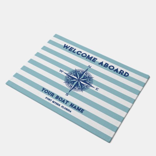 Welcome Aboard Nautical Stripes Boat Name Doormat