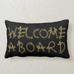 Welcome aboard nautical typography black gold lumbar pillow