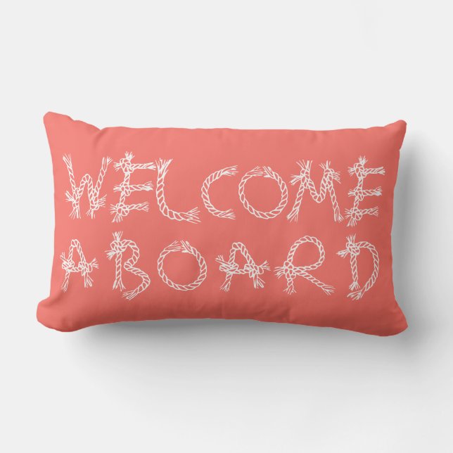 Welcome aboard nautical typography coral lumbar pillow (Front)