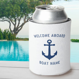 Welcome Aboard Nautical Vintage Anchor Boat Name Can Cooler