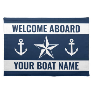 Welcome Aboard navy blue and white nautical symbol Cloth Placemat