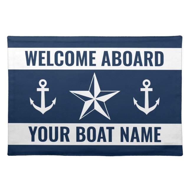 Welcome Aboard navy blue and white nautical symbol Cloth Placemat (Front)
