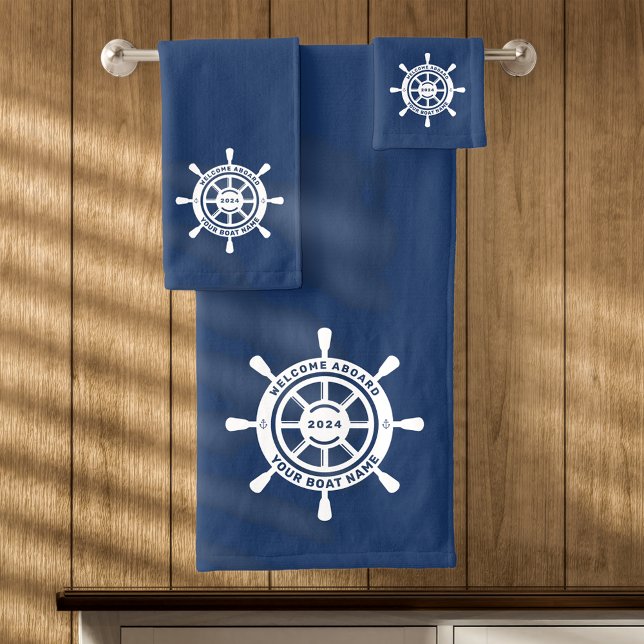 Welcome Aboard Navy Blue Custom Boat Name Bath Towel Set (Creator Uploaded)