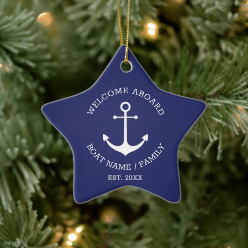 Welcome Aboard navy blue custom nautical anchor Ceramic Ornament