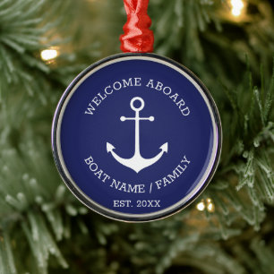 Welcome Aboard navy blue custom nautical anchor Metal Ornament