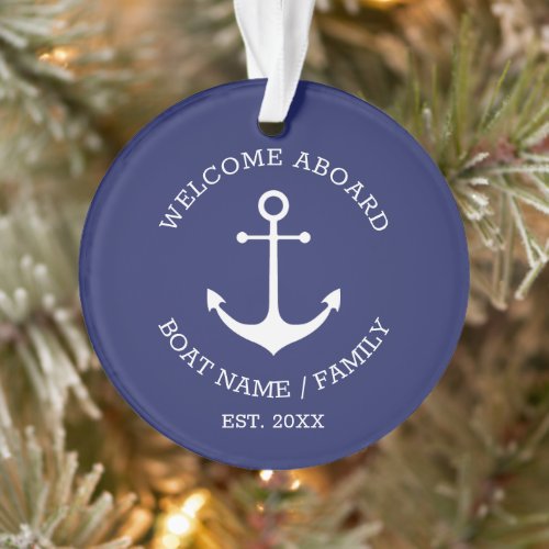 Welcome Aboard navy blue custom nautical anchor Ornament