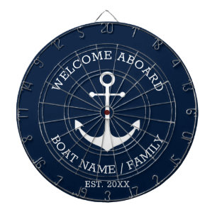 Welcome Aboard navy blue nautical anchor boat name Dart Board
