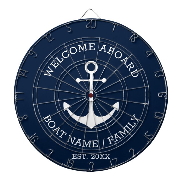 Welcome Aboard navy blue nautical anchor boat name Dart Board (Front)