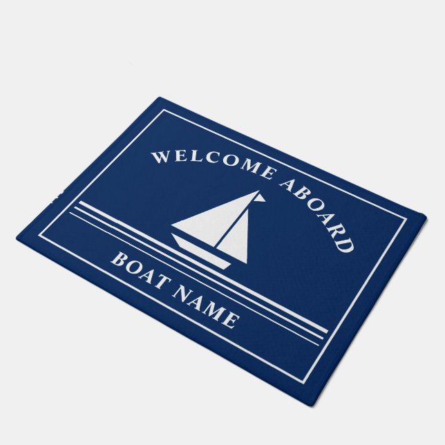 Welcome Aboard Navy Blue Nautical Boating Name Doormat (Angled)