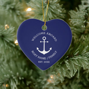 Welcome Aboard navy white custom nautical anchor Ceramic Ornament