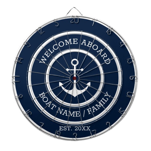 Welcome Aboard navy white nautical anchor custom Dart Board (Front)