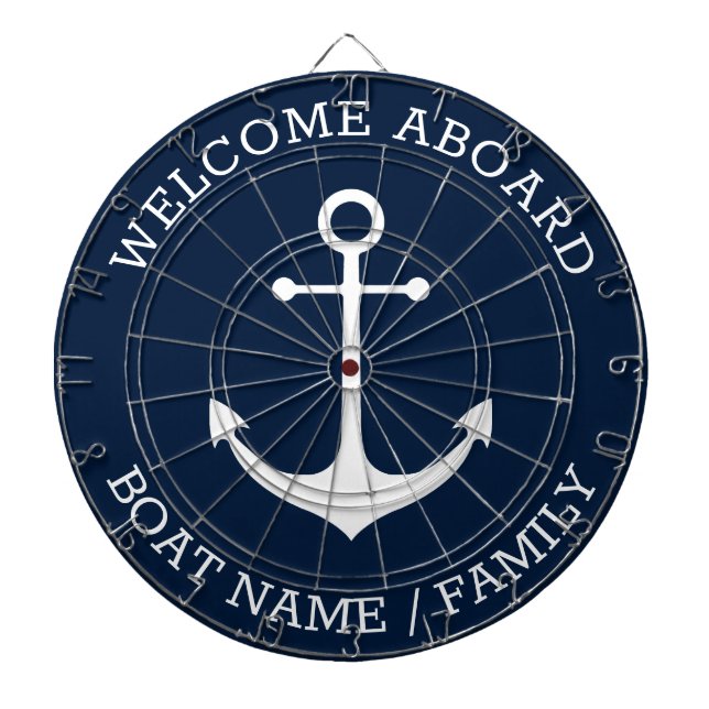 Welcome Aboard navy white nautical anchor name Dart Board (Front)