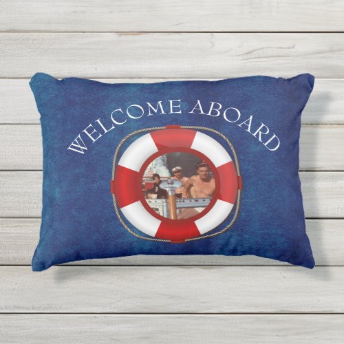 Welcome aboard Red White and Navy Blue Nautical Outdoor Pillow